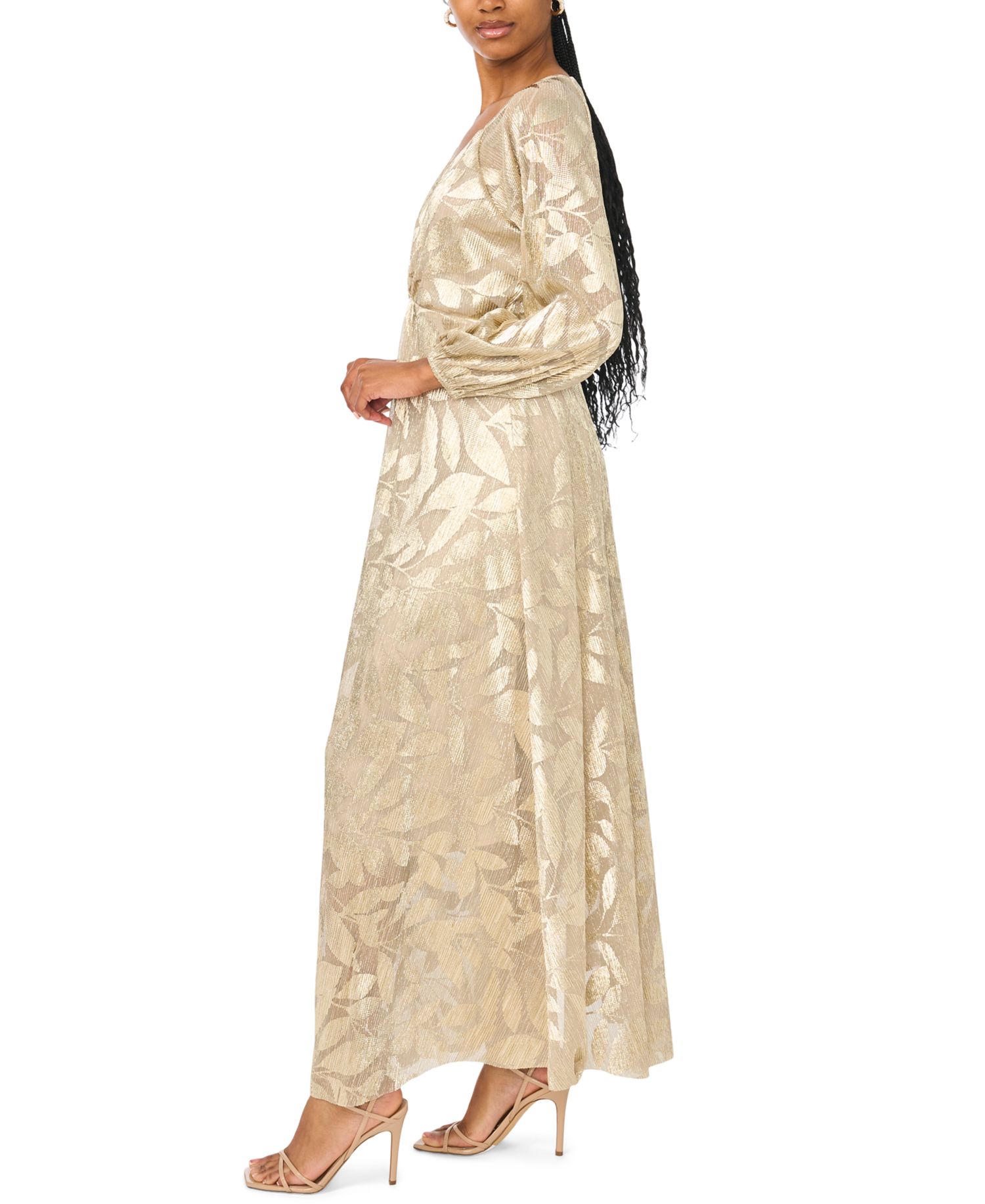 Women's Floral Shimmer Foil Detail V-Neck Gown
