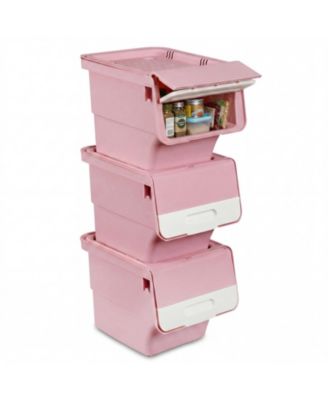 3-Piece Stackable Plastic Storage Bins with Stay-Open Lids and Wheels
