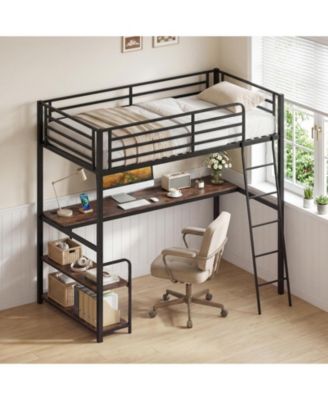 Loft Bed with Desk and Shelves, Heavy Duty Bed Frame with Charging Station