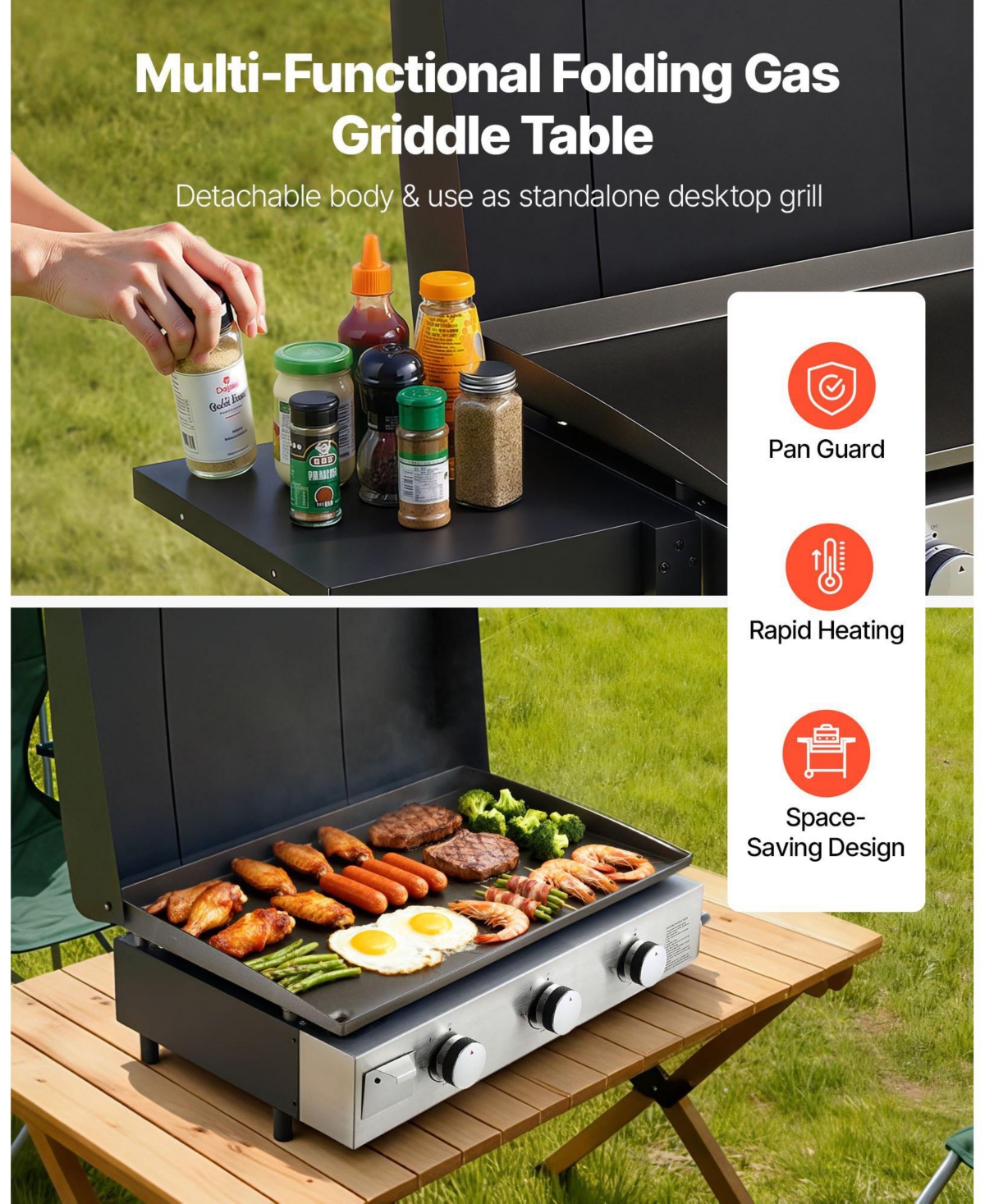 Mecale 3-Burner Propane Gas Griddle, 33,000 Btu, Wheels and Lid, Pulse Ignition, Removable Top, Outdoor