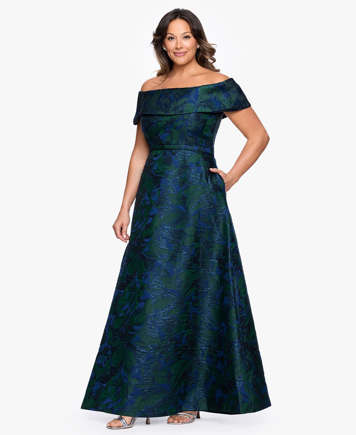 XSCAPE Women's Jacquard Off-The-Shoulder Ball Gown view 2 — MAYCSS fashion products