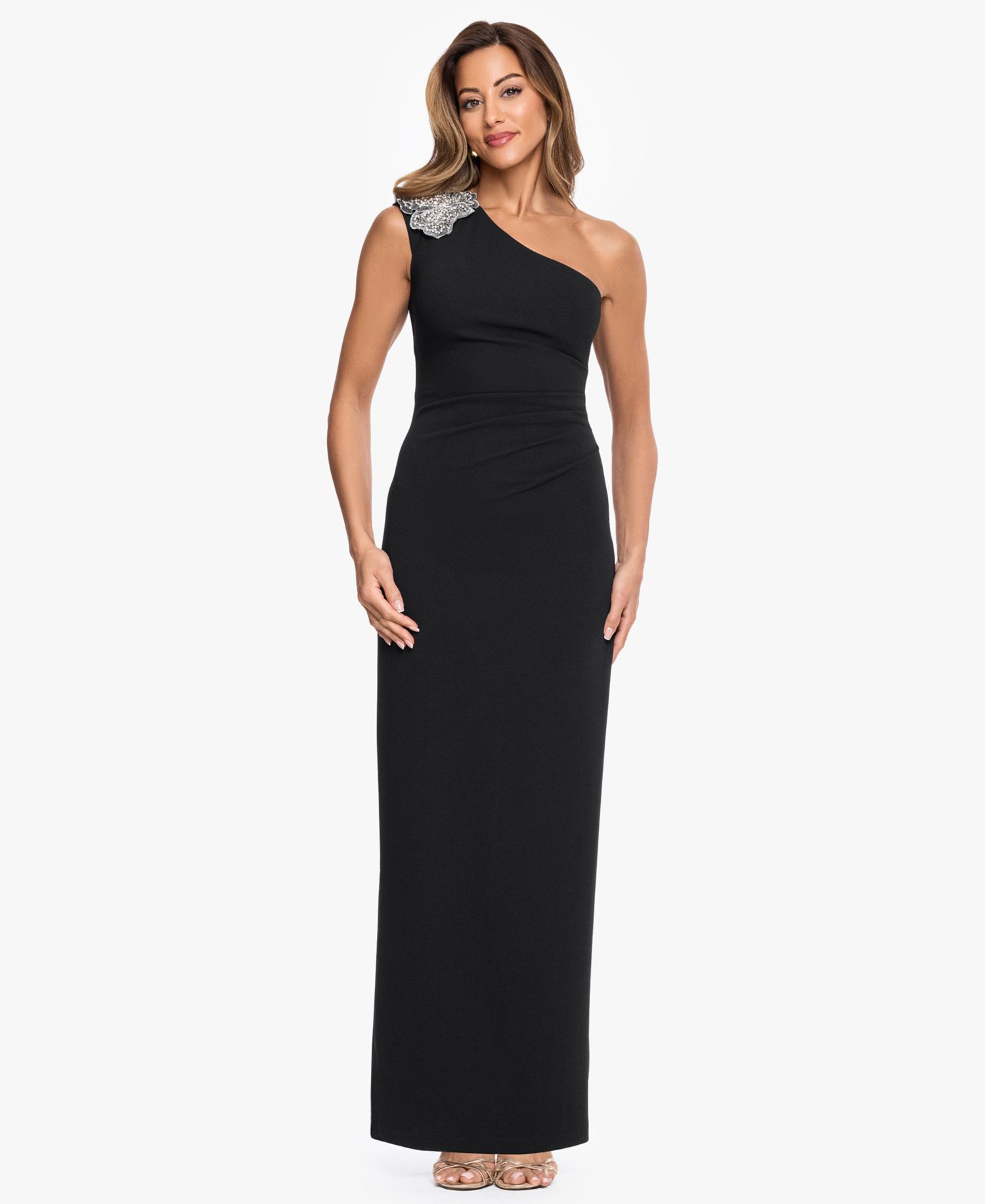 Petite One-Shoulder Scuba Crop Trim Sheath Gown