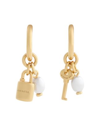 Faux Imitation Pearl Iconic Lock Key Charm Huggie Earrings