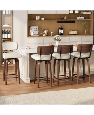 Swivel Bar Stools Set of 4, Upholstered Counter Height with Back and Walnut Wood Legs, Mid Century Stools for Kitchen Counter, Faux Leather