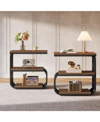 End Table Set of 2, Narrow Side or Bedside Table, 3-Tier Accent Table with Metal Frame