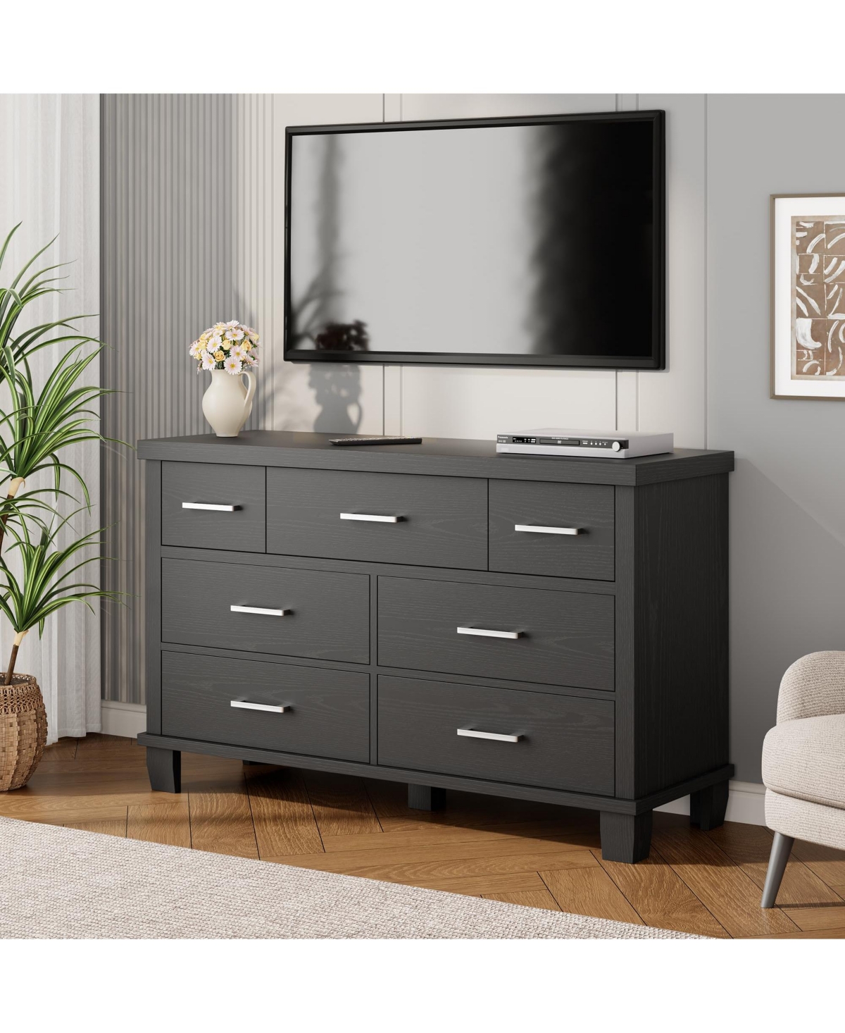 homfan 7 Drawers Modern Wood Dresser, 51" Wide Chest of Drawers Closet, Wooden Organizer with Metal Handle, for Bedroom, Living Room