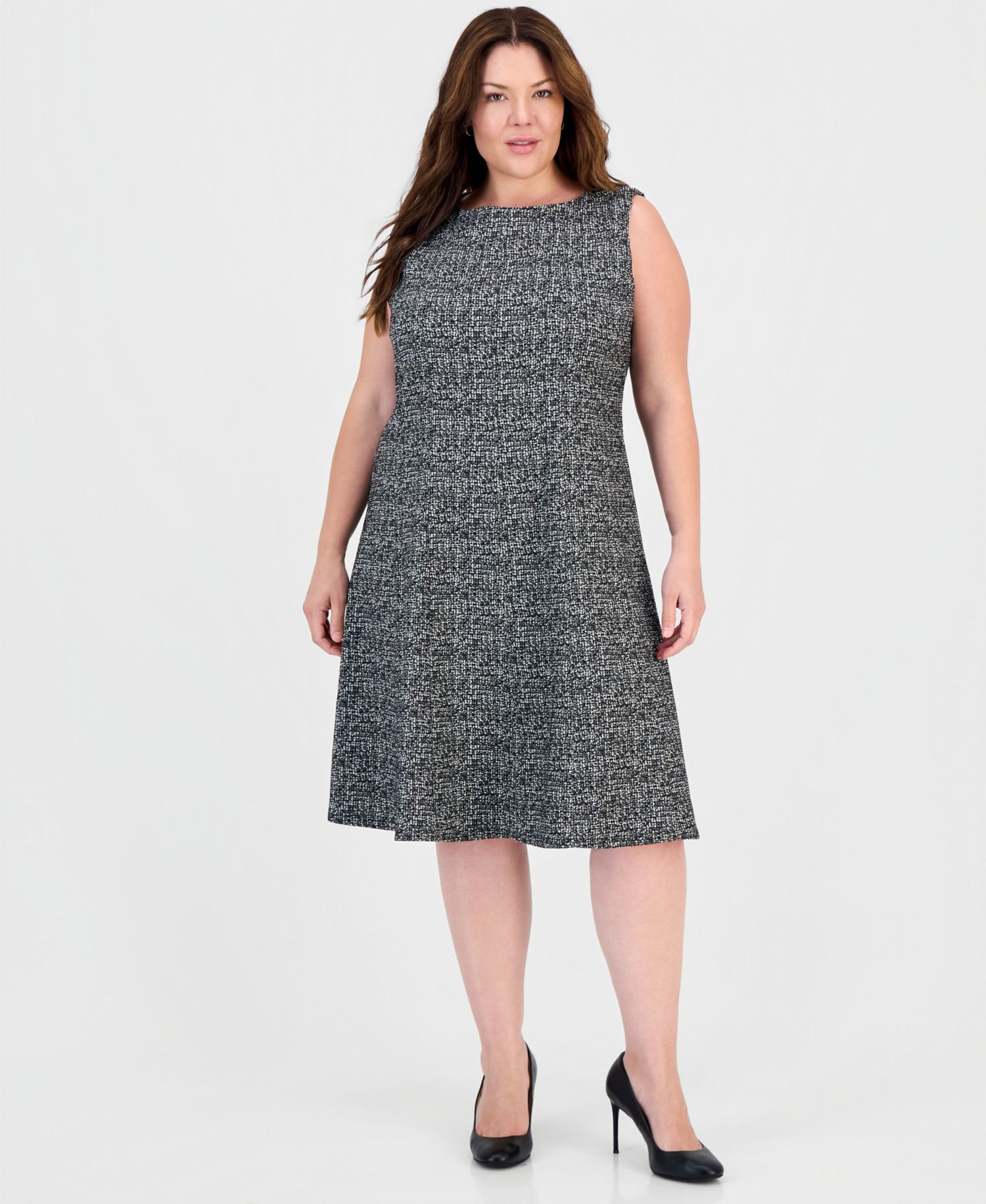 Plus Size Multi Seam Fit Flare Boat Neck Sleeveless Dress