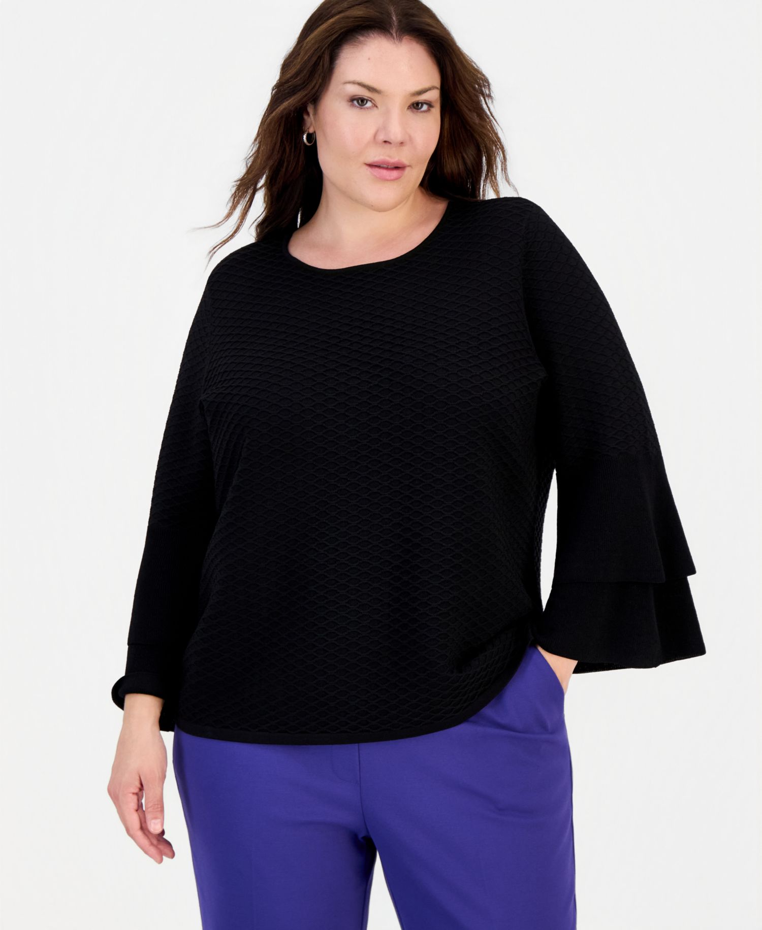 Plus Size Textured Knit Bell-Sleeve Top