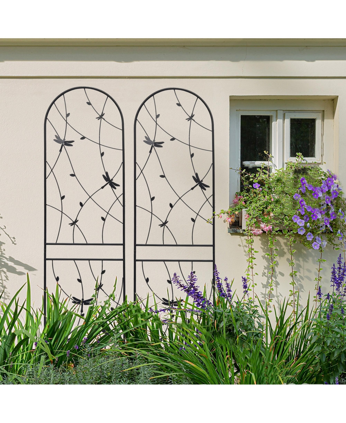 Clihome Metal Garden Trellis Rustproof Trellis for Climbing Plants Outdoor Flower Support Dragonfly Deco