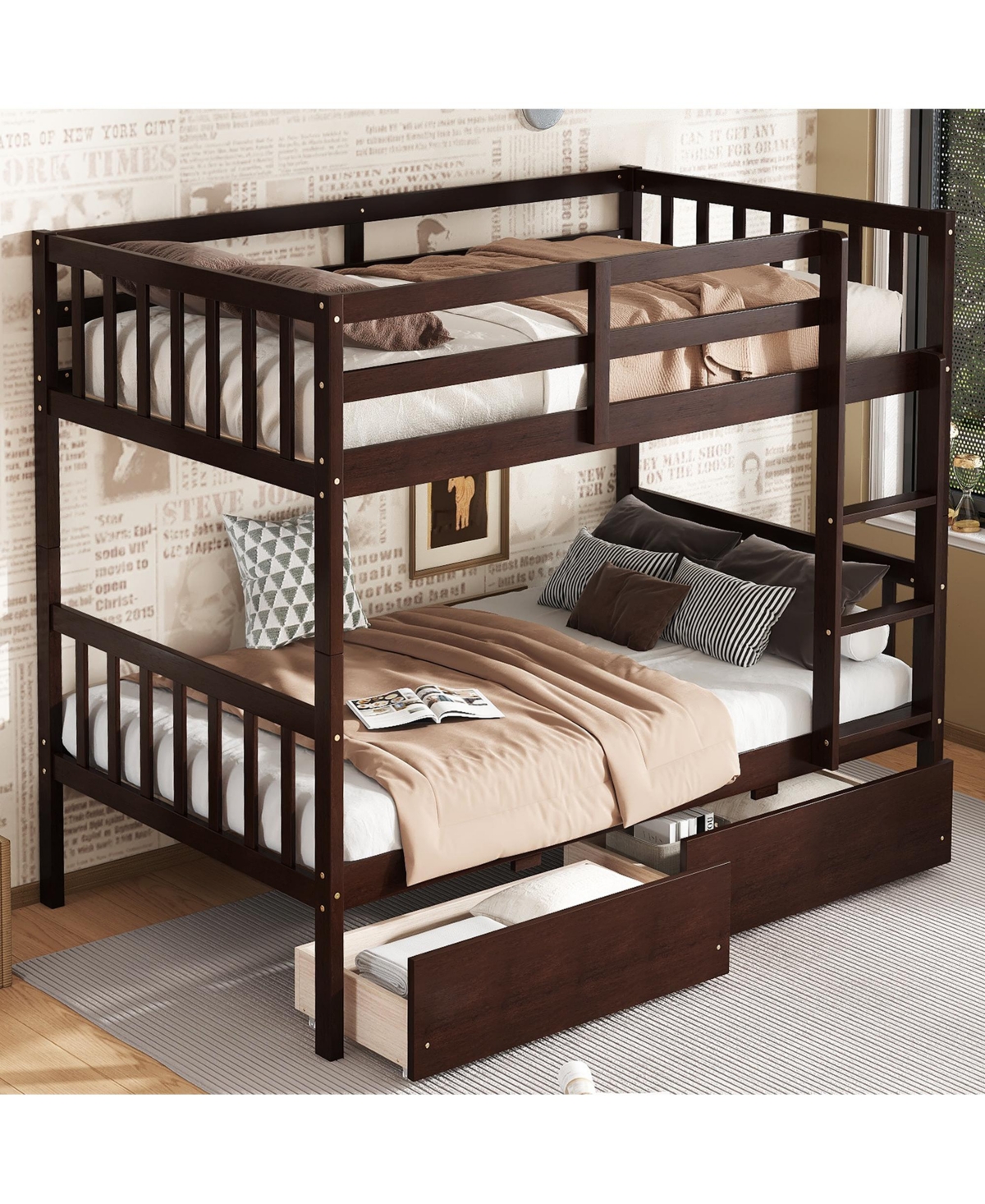 Sailvan Rubber Wood Bunk Bed with 2 Drawers, Convertible into 2