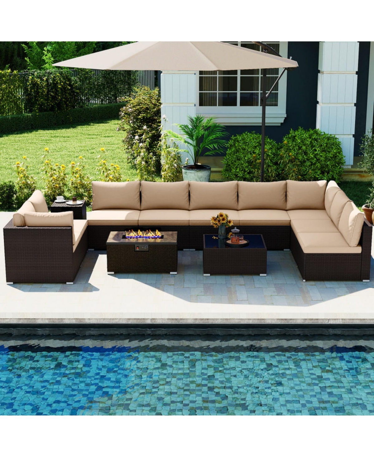 Gouun 12 Piece Outdoor Pe Wicker Conversation Set with 32 in Propane Fire Pit Table and Tank Holder