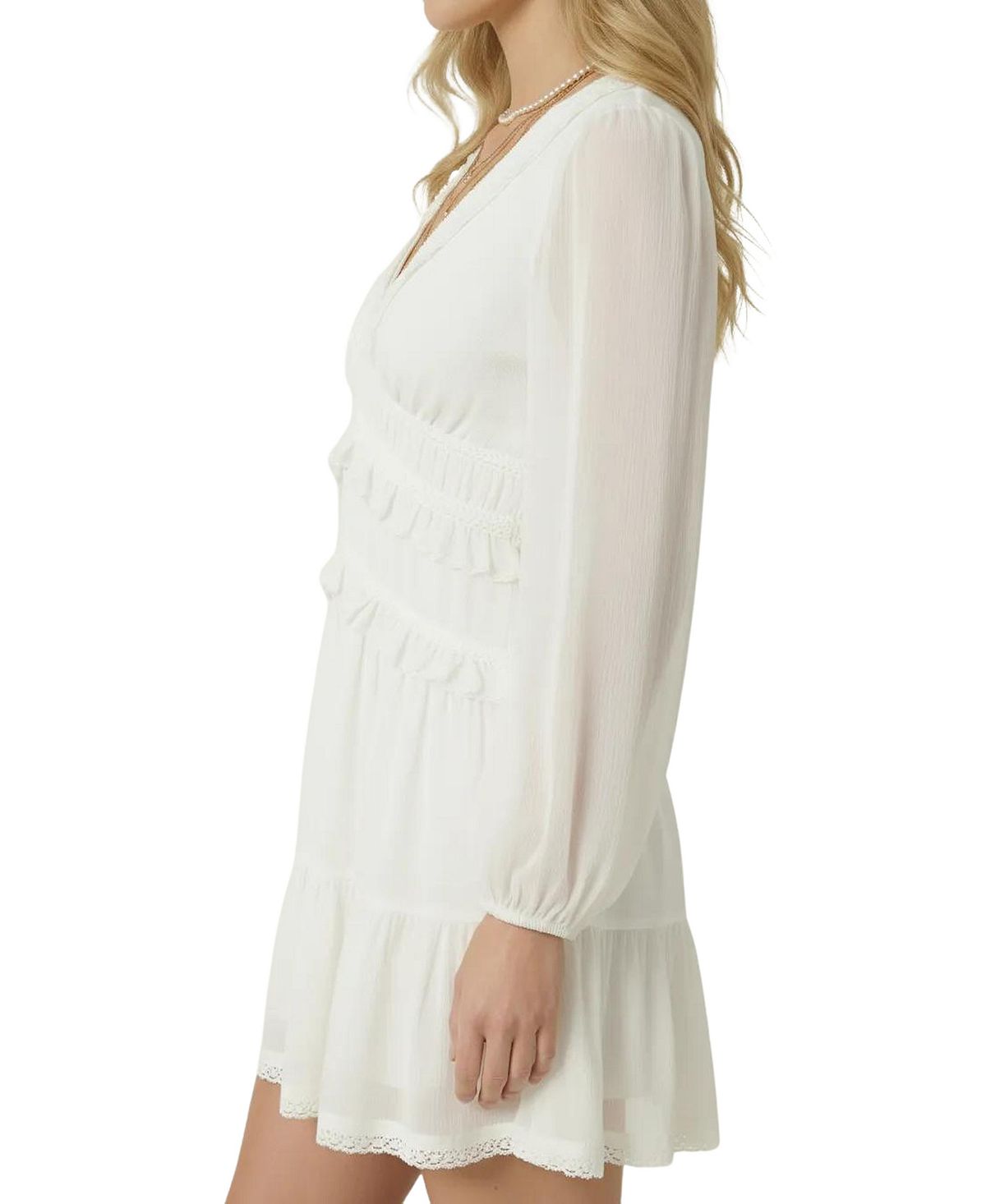 Modenaire Women's Genevieve Chiffon Ruffle V-Neck Long Sleeve Mini Dress view 5 — MAYCSS fashion products