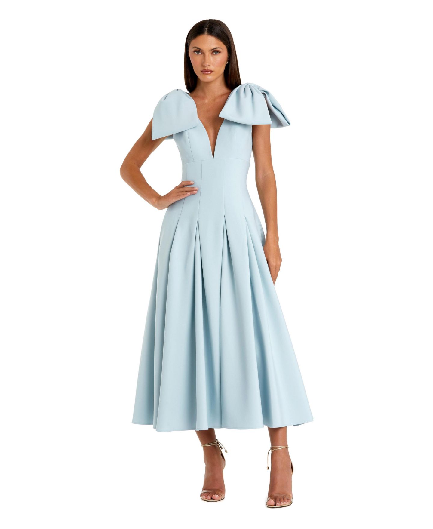 Женское платье Mac Duggal Crepe A Line Midi With Bow Straps, цвет: Ледяной синий — фото 1