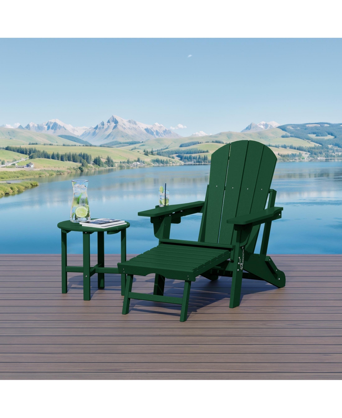 WestinTrends -Piece Outdoor Folding Adjustable Adirondack Chair with Cup Holder and Hideaway Ottoman 18" Side Table