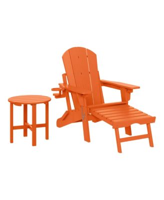2-Piece Outdoor Folding Adjustable Adirondack Chair with Cup Holder and Hideaway Ottoman and 18" Side Table