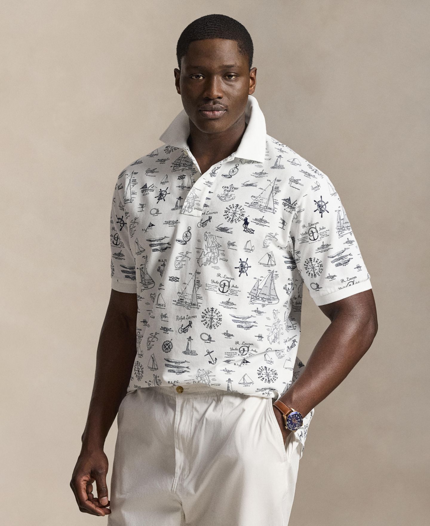 Мужское поло Polo Ralph Lauren Big & Tall Short-Sleeve Nautical Print Mesh Polo Shirt, цвет: Белый — фото 1