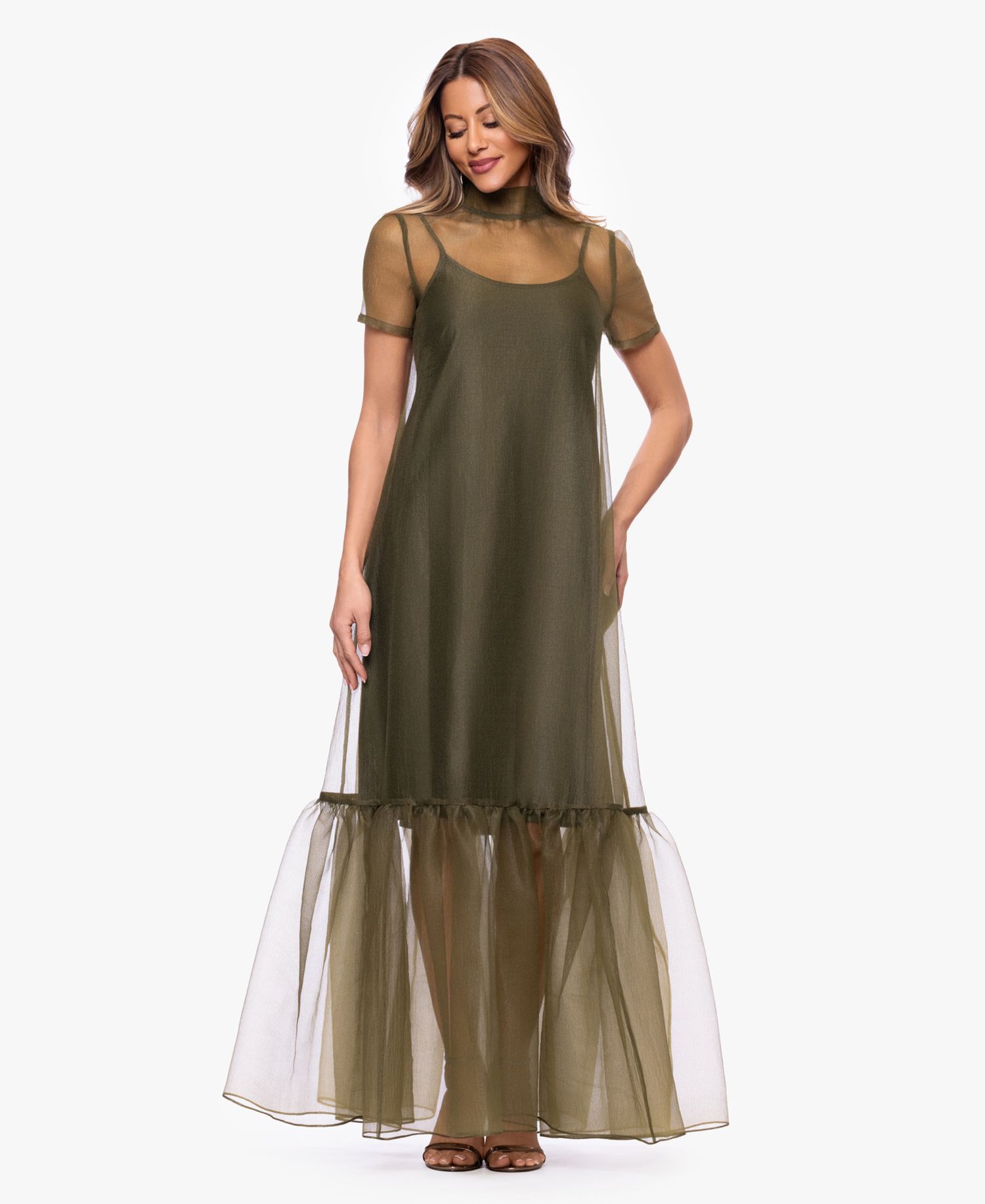 Women's Turtle Neck Organza Overlay Ball Gown
