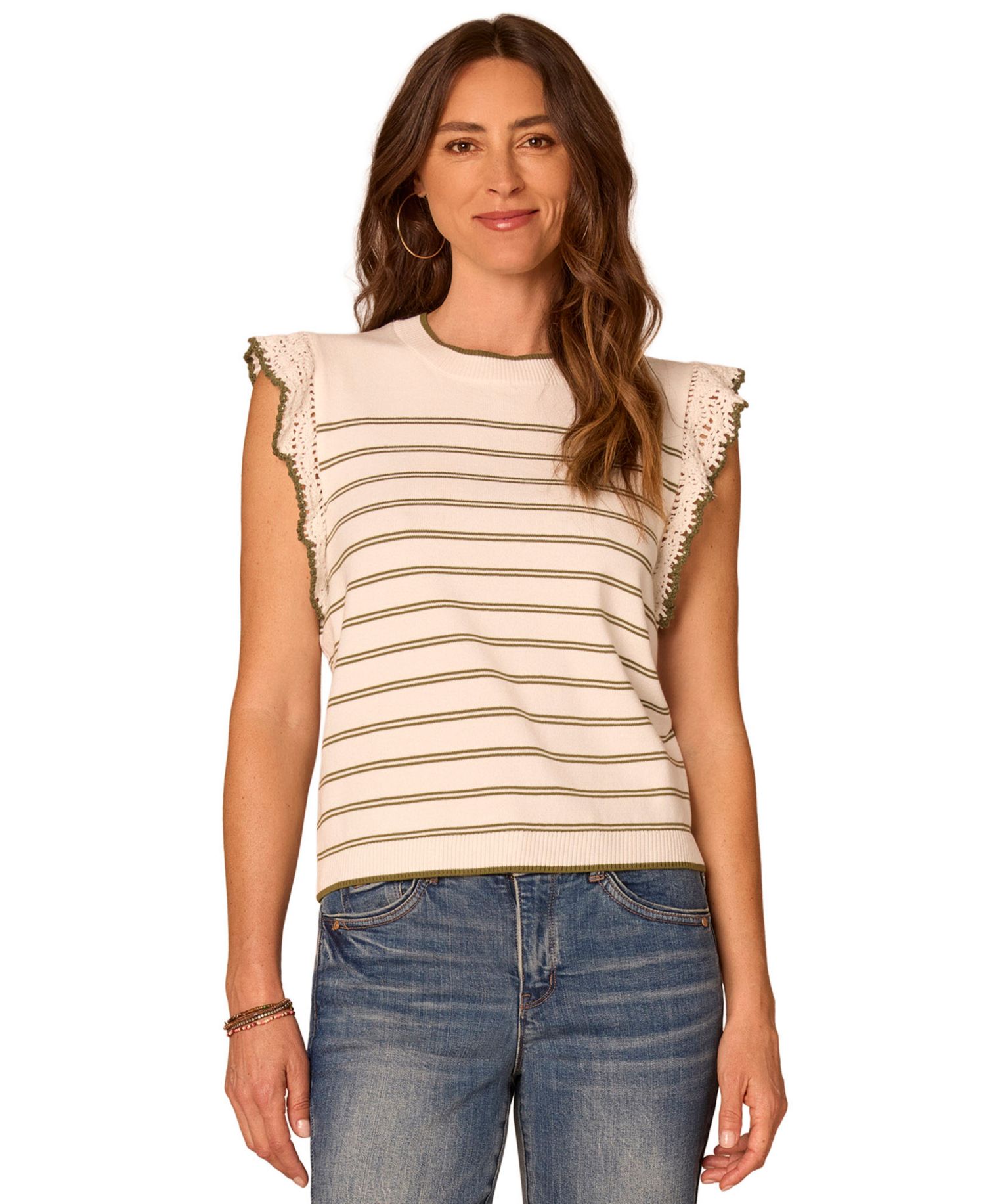 Women's Striped Crochet Flutter-Sleeve Sweater Top