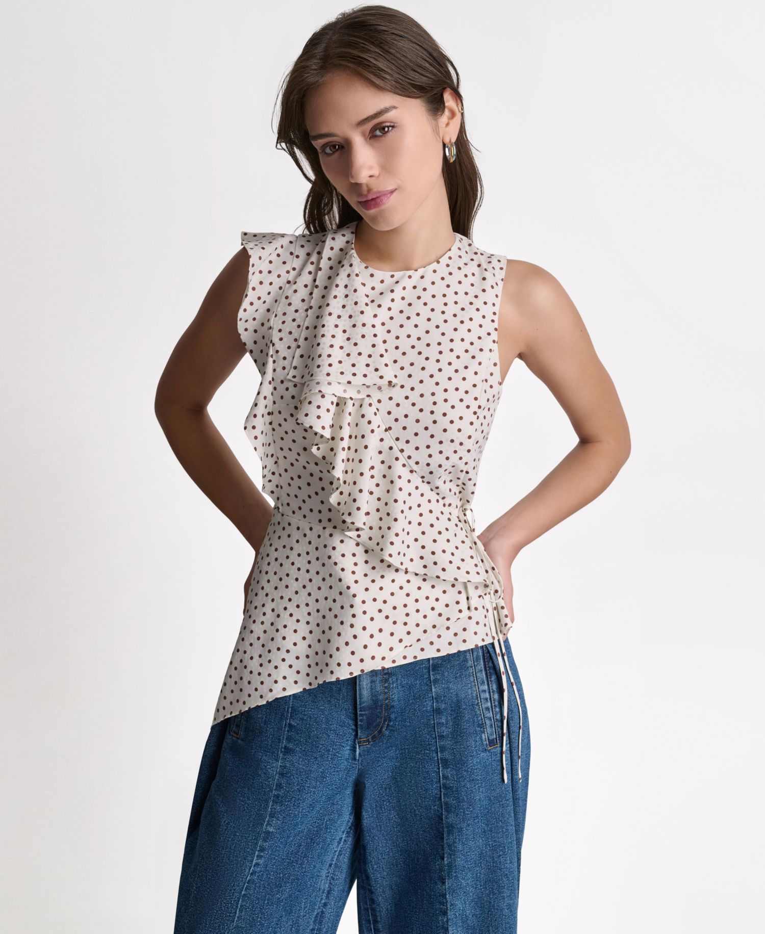 Women's Faux Wrap Crewneck Ruffle Top