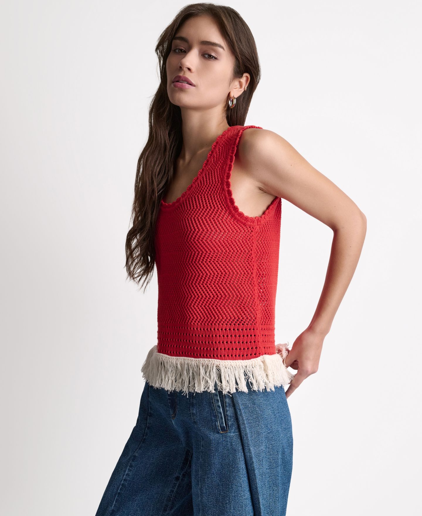 Женский топ BCBG Fringe Pointelle Scoop Neck, цвет: Firelily/Buttercream — фото 14