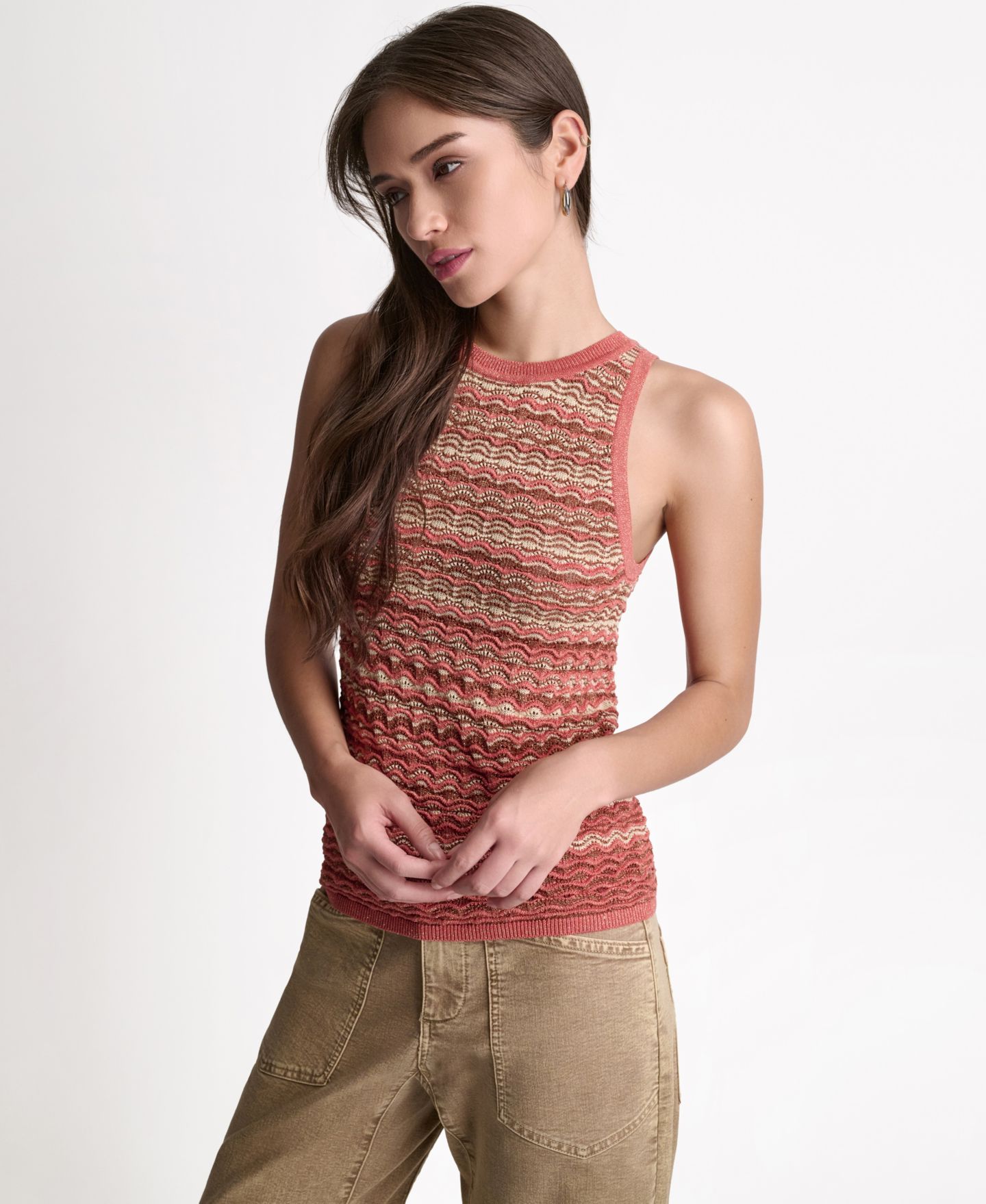 Женский топ BCBG Lurex Stripe Sleeveless, цвет: Чёрный / Персиковый разноцветный — фото 3