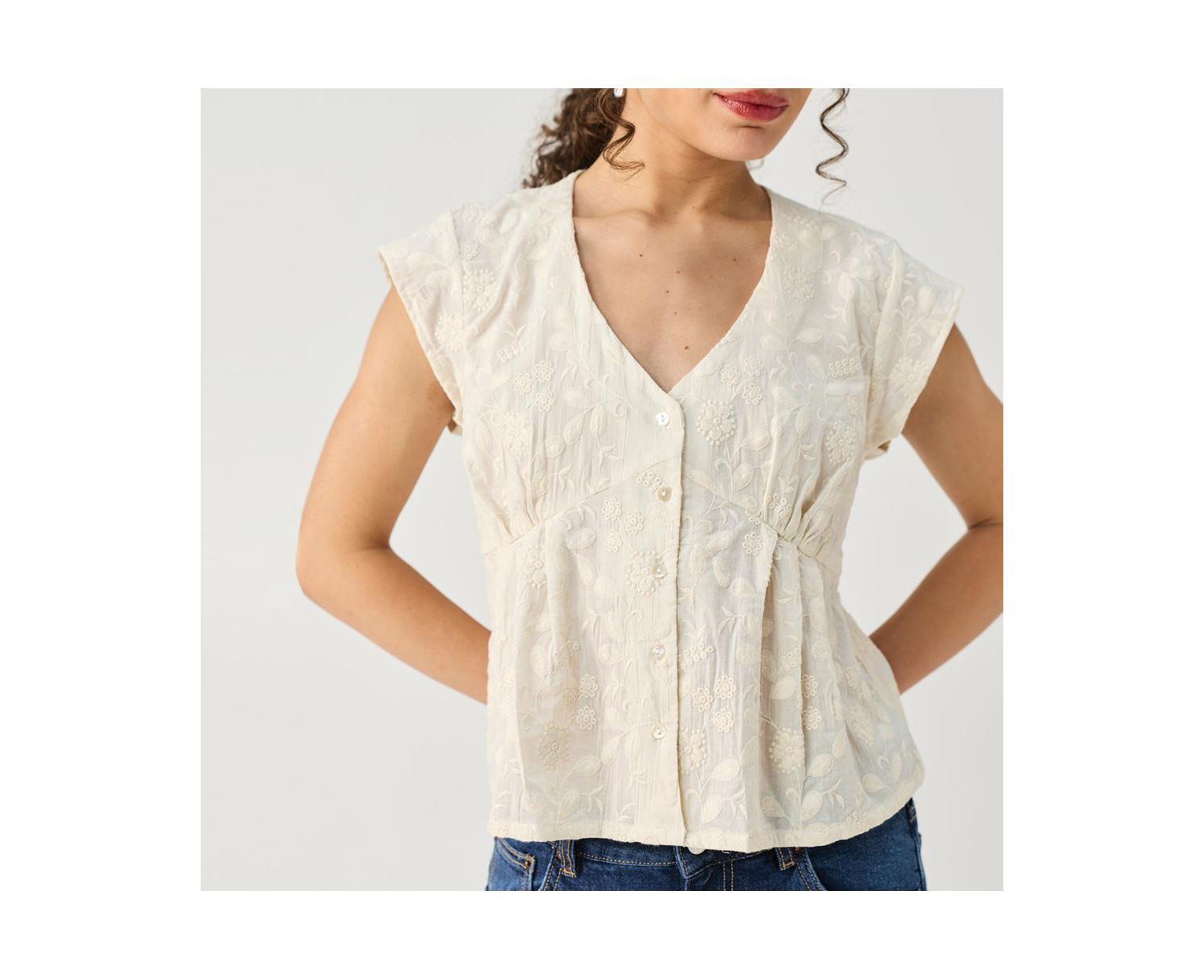 Women's Cream Embroidered Deep V-Neck Top