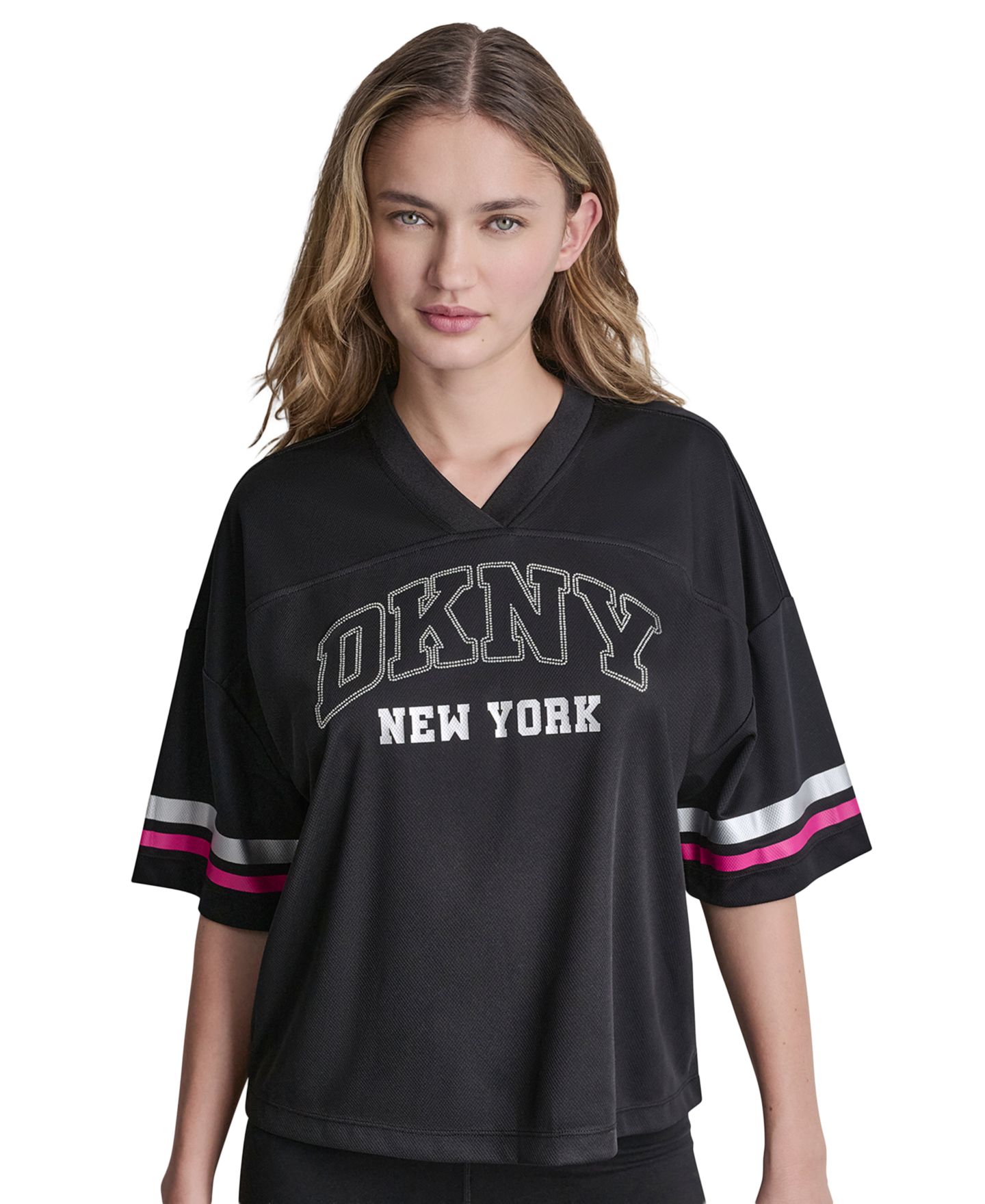 Женское спортивное джерси DKNY Sport Varsity с V-образным вырезом и стразами, цвет: Чёрный — фото 3