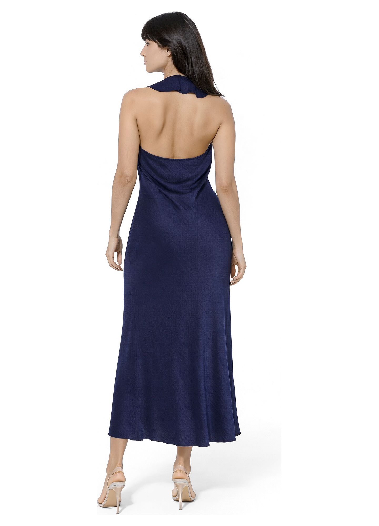 Женское платье Bebe Crushed Satin Ruffle Halter Maxi, цвет: Тёмно-синий — фото 3