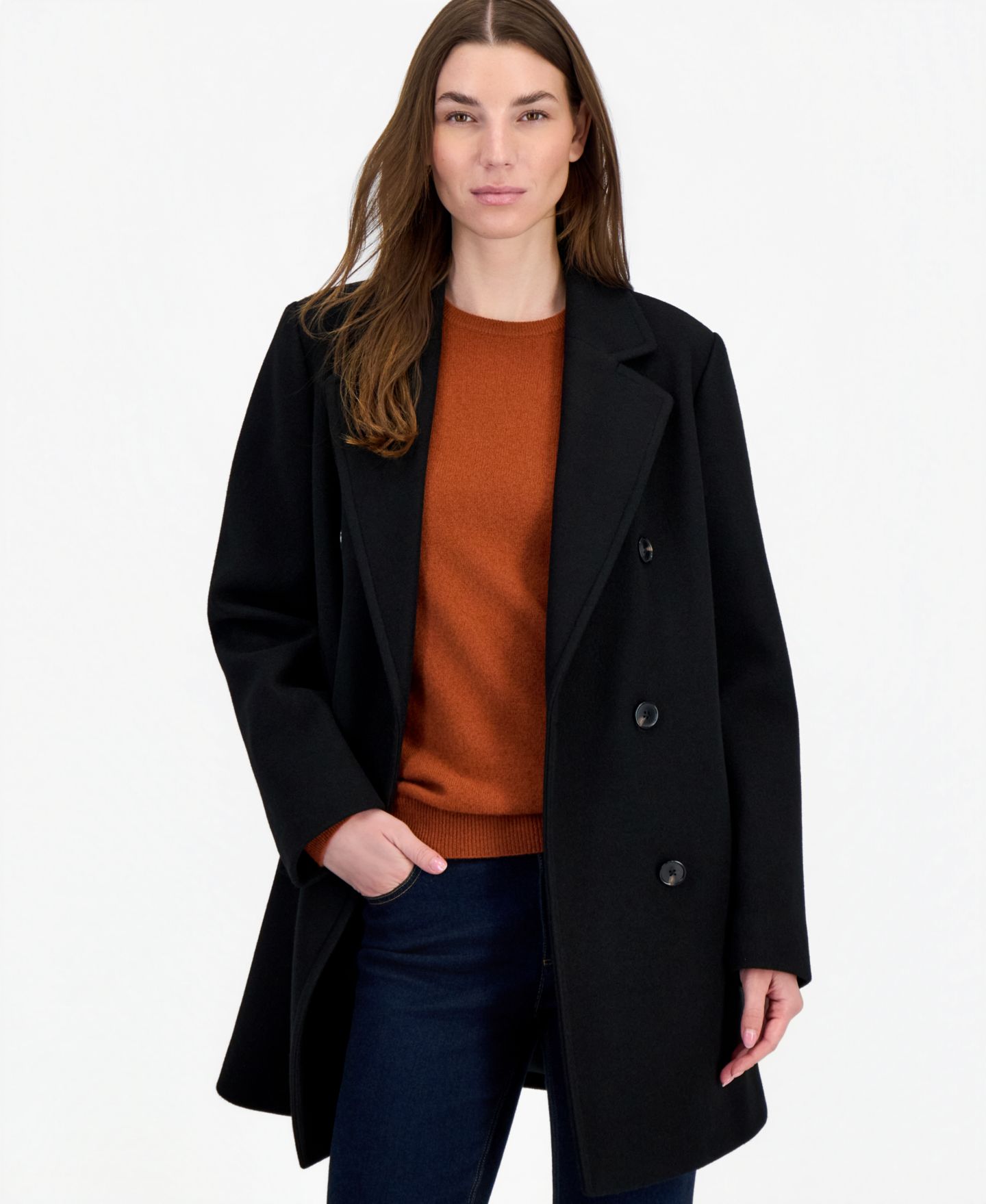 Женское пальто Calvin Klein Petite Notch Collar Double Breasted Peacoat, Created for Macy's, цвет: Чёрный — фото 1