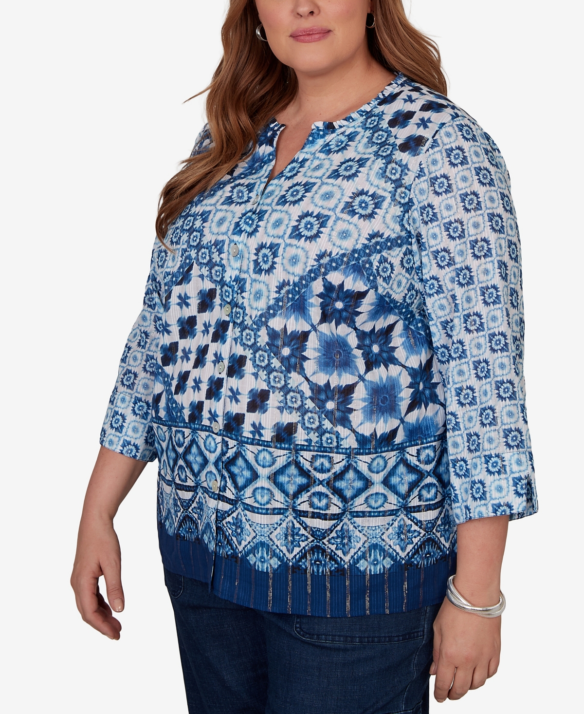 Alfred Dunner Plus Indigo Girls Ikat Tie-Dye Patchwork Henley Top