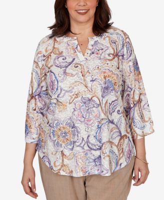 Plus Size Grand Bazaar Jacobean Floral Split Neck Top