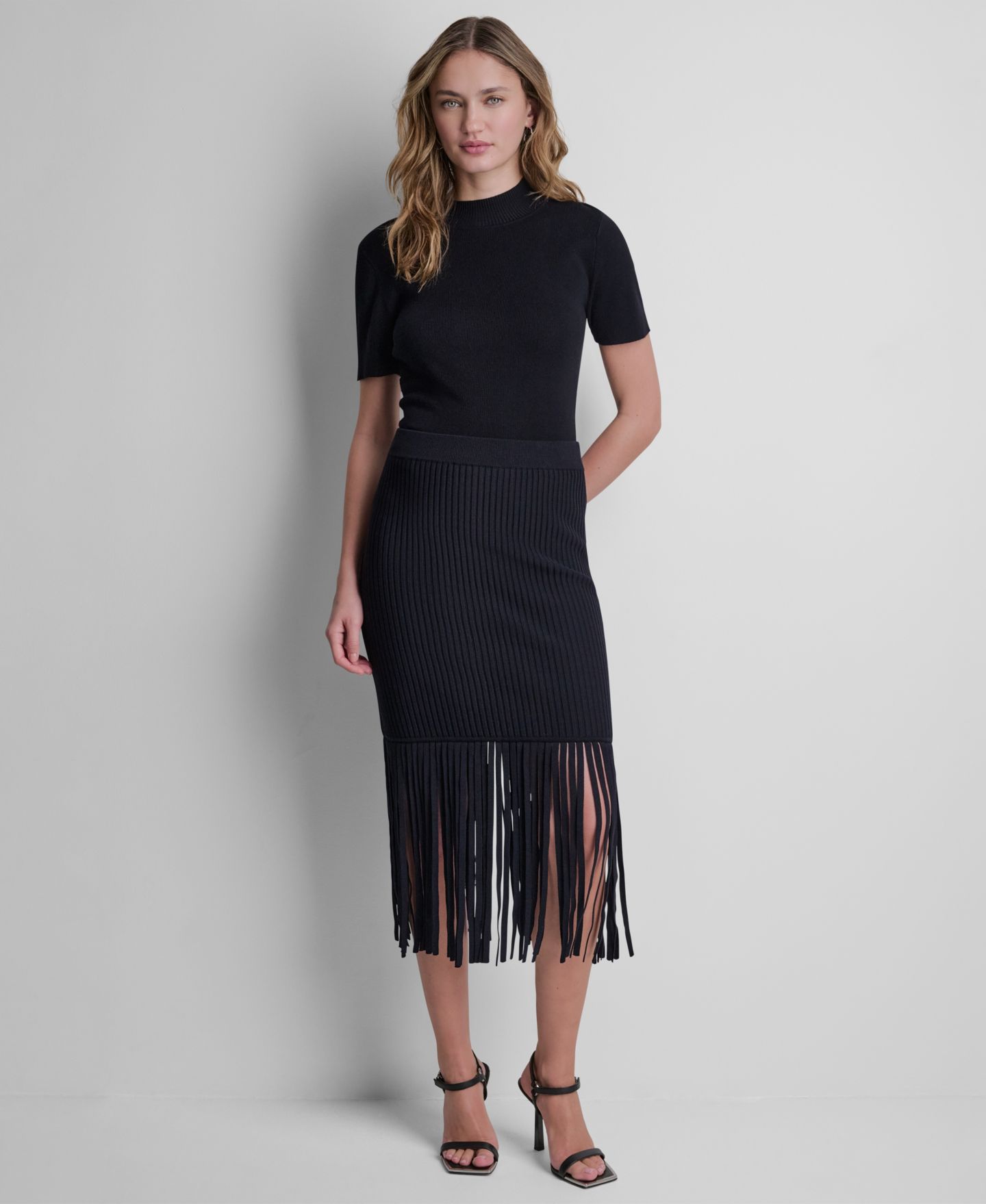 Женская юбка DKNY Cotton-Blend Fringe Sweater Skirt, цвет: Чёрный — фото 2