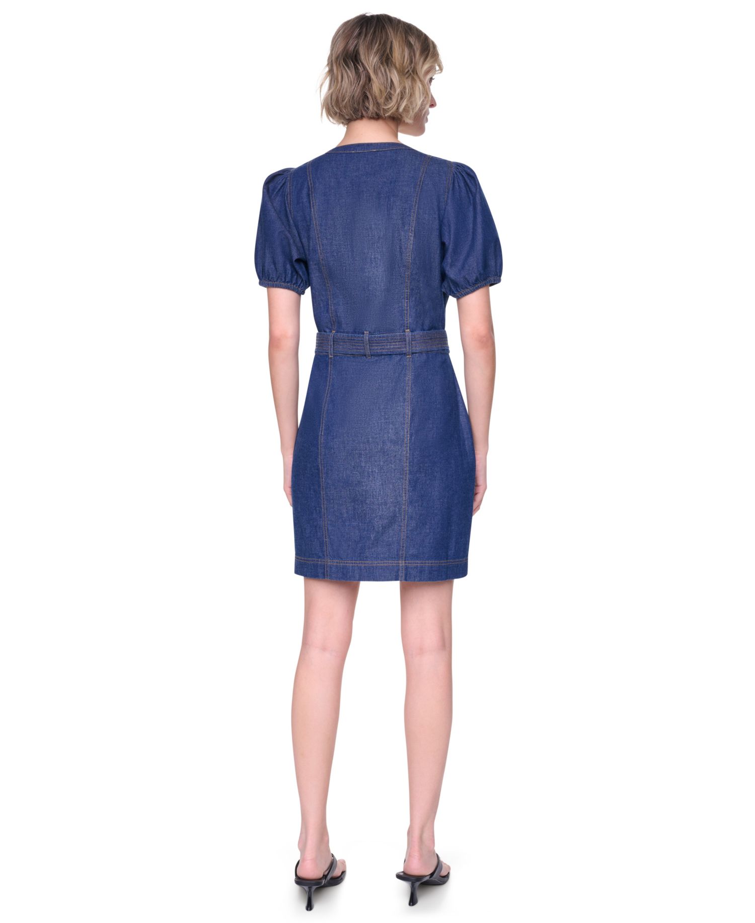 Women's Puff-Sleeve Belted V-Neck Dress