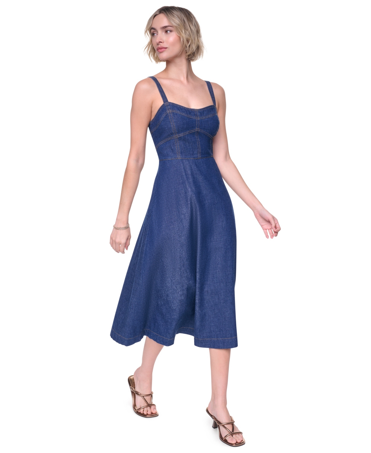 Dkny Women's Straight Neck Sleeveless Contrast Stitch Midi Dress