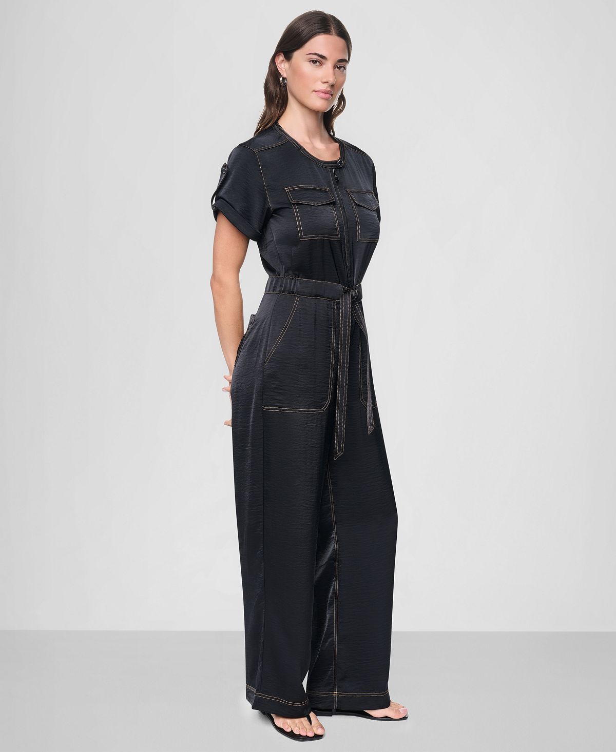 DKNY Women's Short-Sleeve Contrast Stitch Straight Jumpsuit view 2 — MAYCSS fashion products
