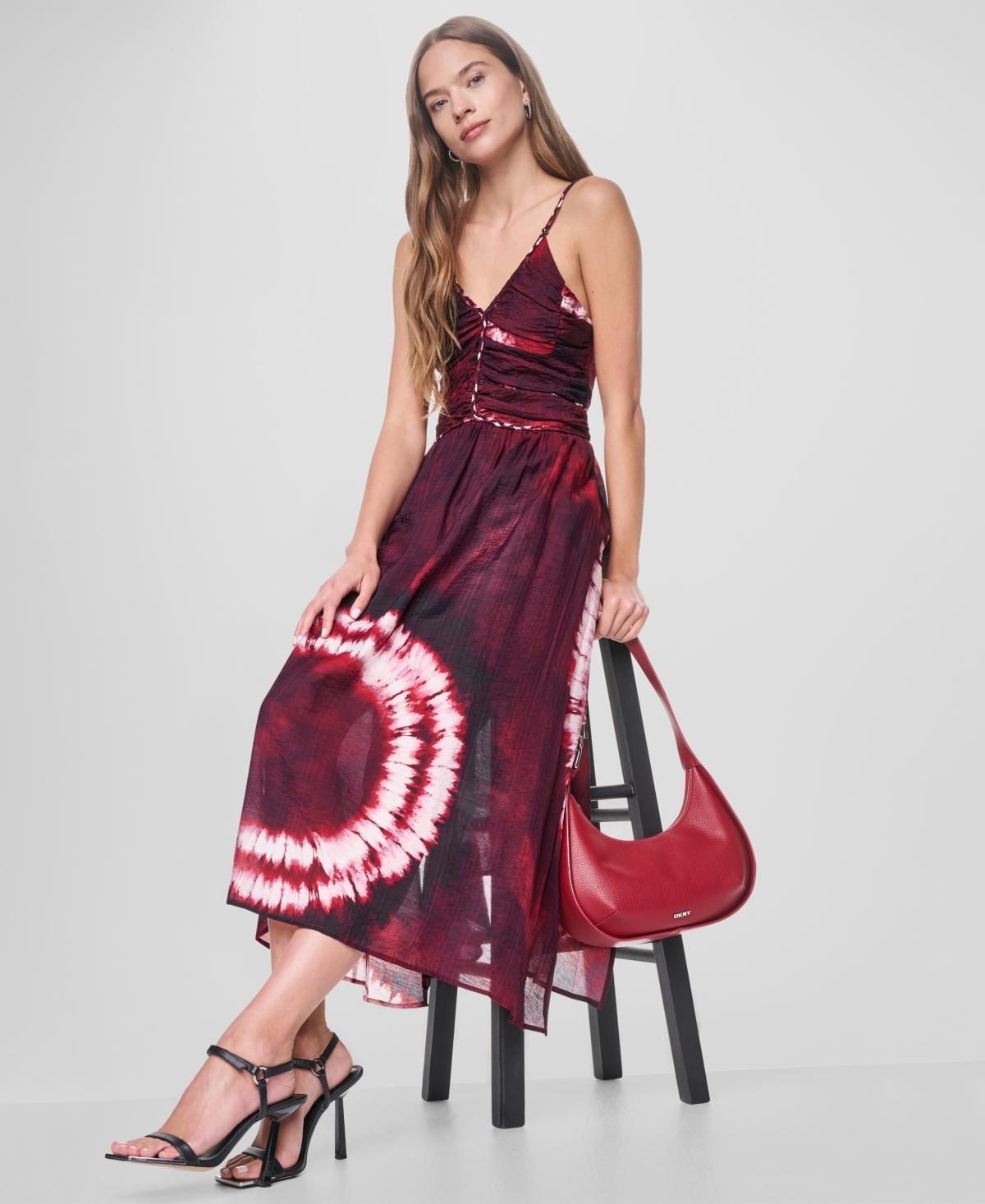 Dkny Women's Printed Voile Braided Detail V-Neck Dress