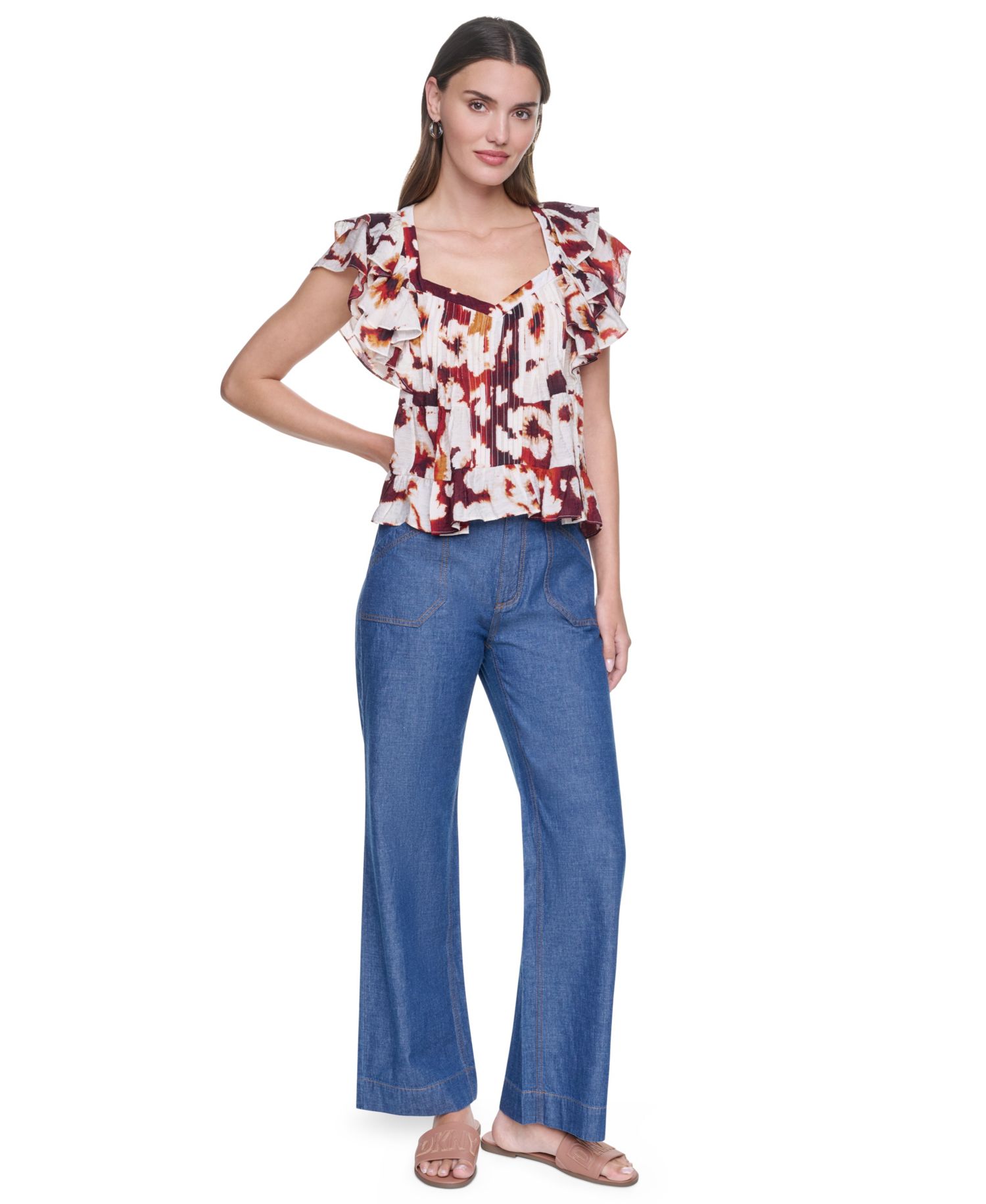 Women's Printed Flutter-Sleeve Pleated Blouse