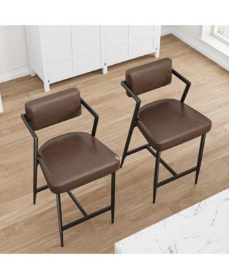 2 Pcs Modern Counter Height Bar Stools, PU Leather Design with High Backrest, Armrests and Thick Cushion, Metal Frame for Kitchen Island