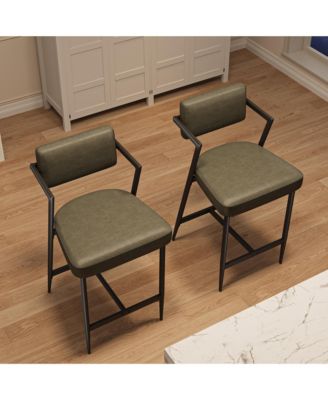 2 Pcs Modern Counter Height Bar Stools, PU Leather Design with High Backrest, Armrests and Thick Cushion, Metal Frame for Kitchen Island