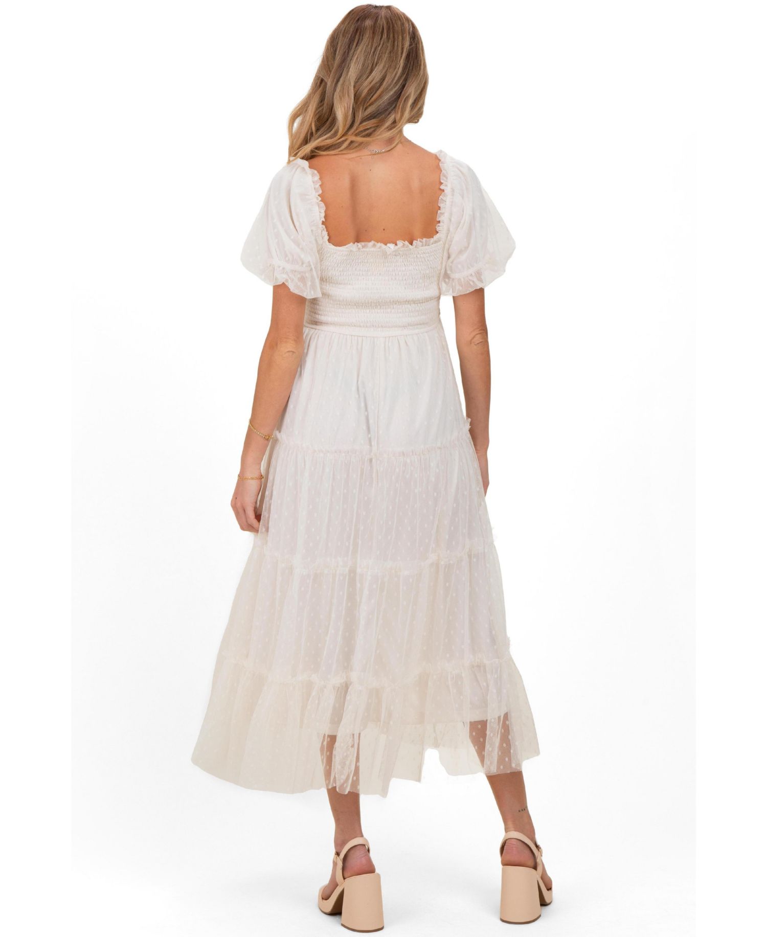 Women's CreamTulle Puff Sleeve Smocked Midi Dress