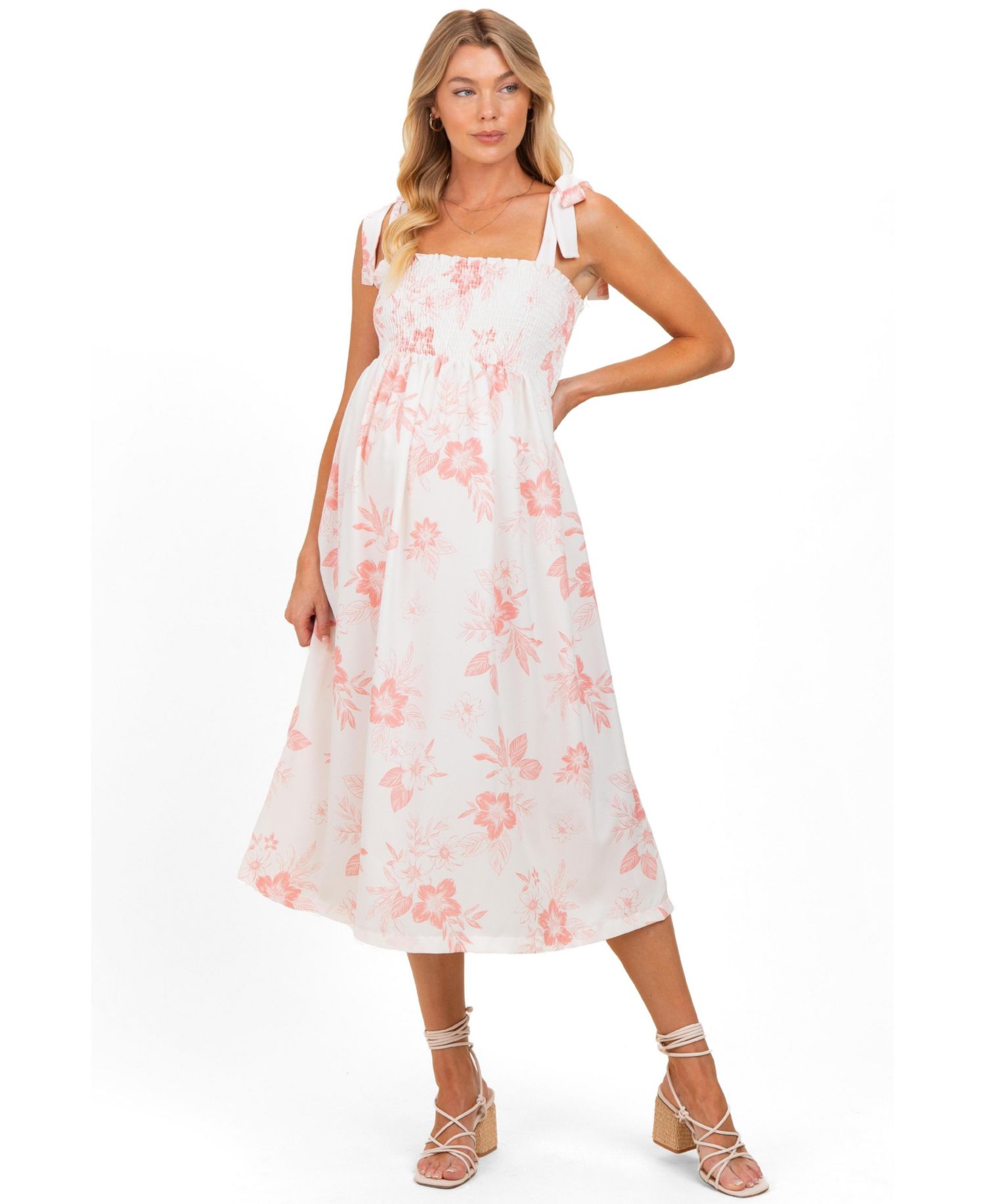 Women's Peach Floral Smocked Midi Dress
