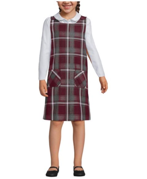 Свитер Lands' End Plaid Button Shoulder Patch Pocket Jumper для девочек, цвет: Бордовый / Серый клетчатый