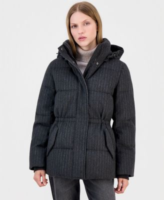 Women's Pinstripe Quilted Hooded Puffer Coat