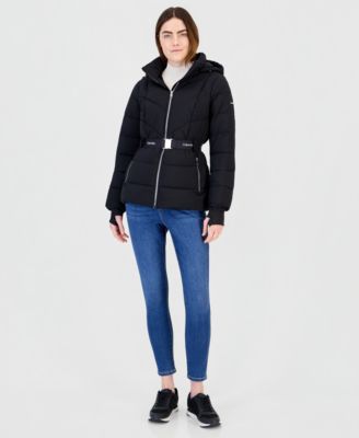 Women's Belted Thumbhole Cuff Puffer Coat