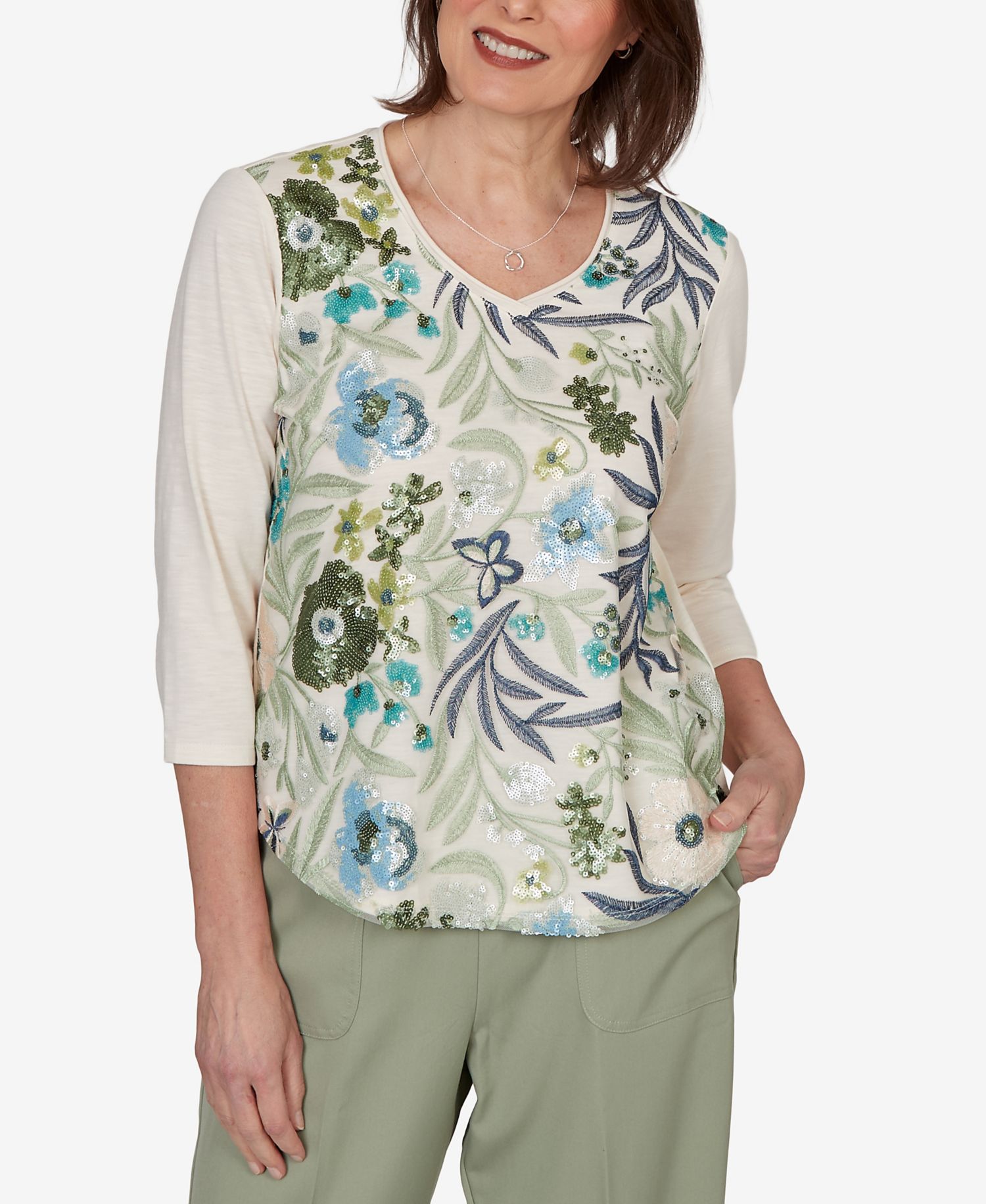 Petite Sequined Floral Mesh Overlay Knit Top