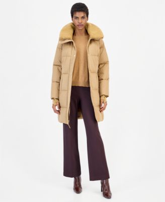 Women's Sherpa-Lined Puffer Coat with Detachable Faux Fur Collar