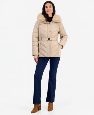 Michael Kors Women's Belted Hooded Faux Fur Collar Puffer Coat