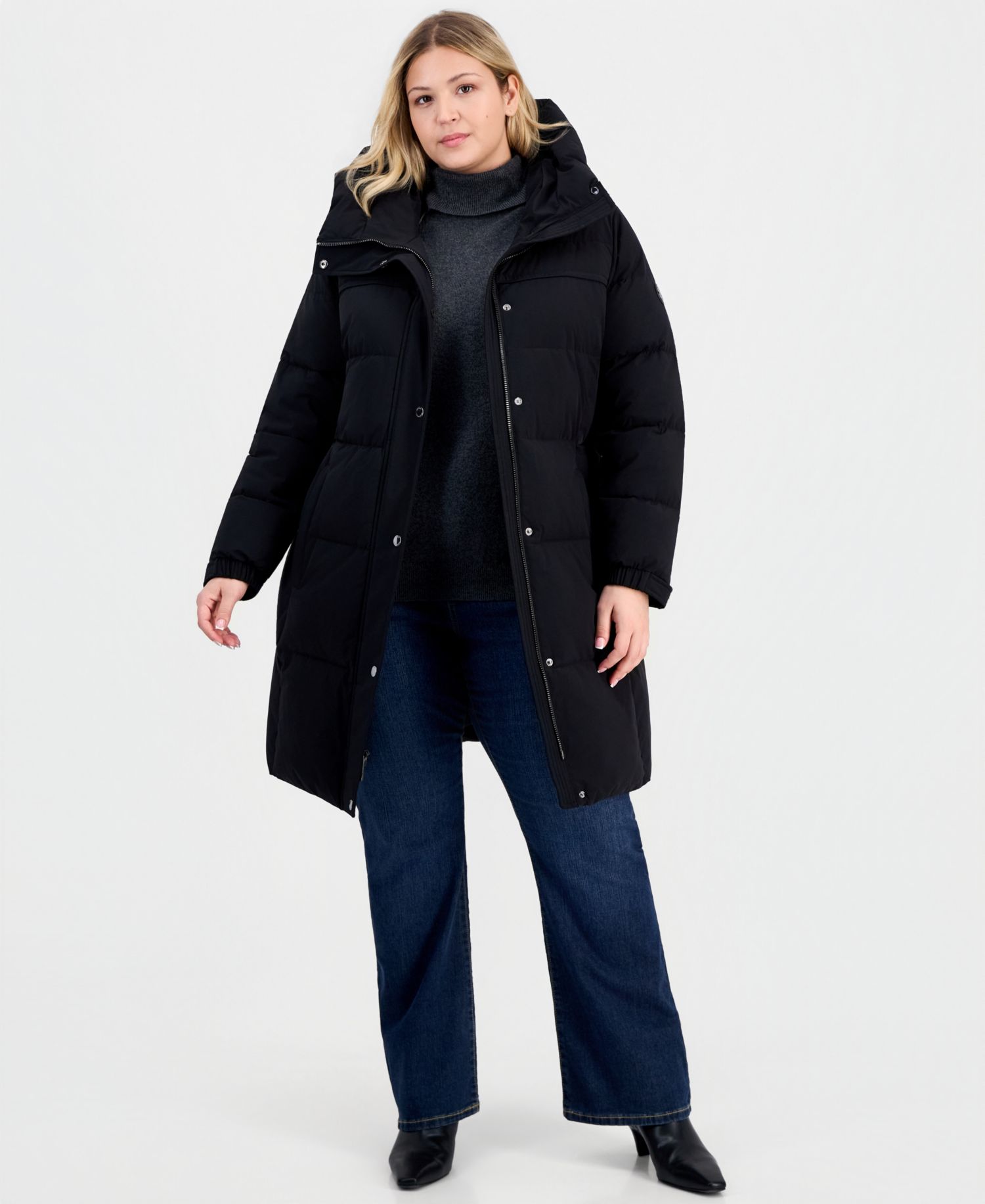 Plus Size Hooded Belted Puffer Coat