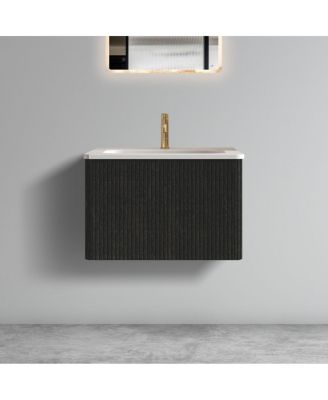 24'' Wall Mounted Bathroom Vanity with Integrated Ceramic Sink, Oak Floating Bathroom Vanity without Faucet, Pre-assembled