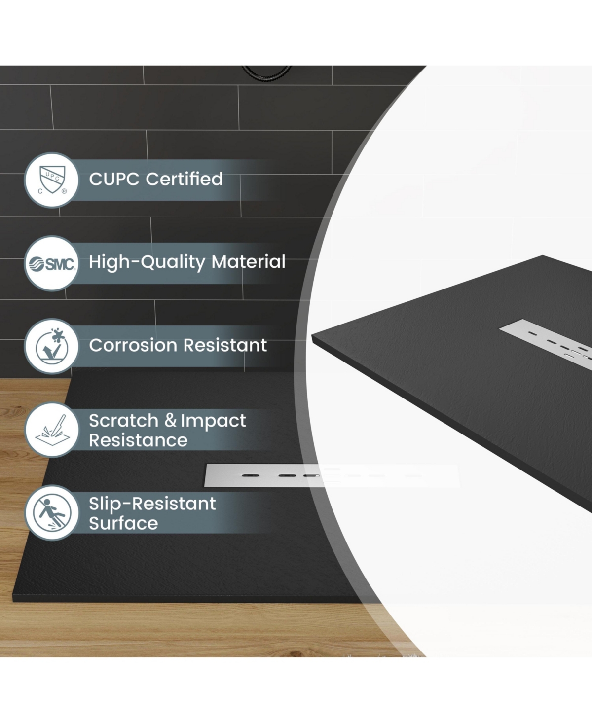 Casainc Low-Profile Smc Shower Base with Non-Slip Smc Solid Surface